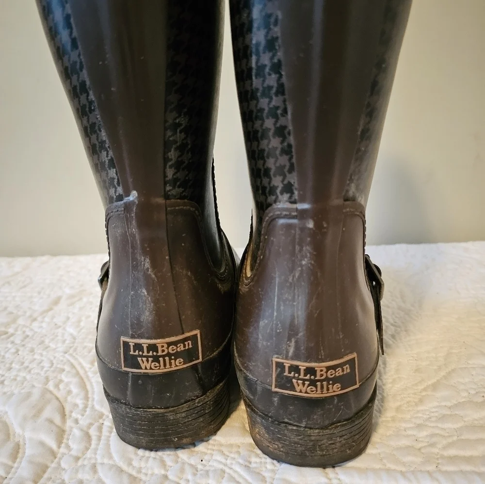 LL BEAN Wellie Tall, Black & Brown Houndstooth, Waterproof Rain Boots 9.5/10
